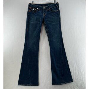 True Religion Joey Flare Jeans Womens 29 Low Rise Saddle Stitch Denim Dark Wash